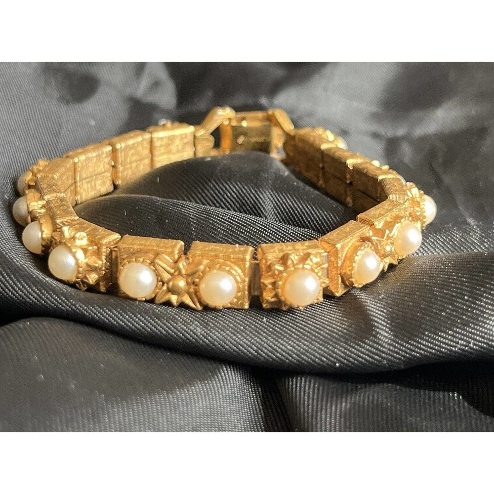 Vintage Florenza Panel Bracelet Faux Pearls Gold Tone Victorian Revival Ornate